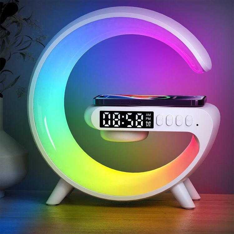 Colorful crescent-shaped night light with digital clock and wireless charging on a wooden surface.