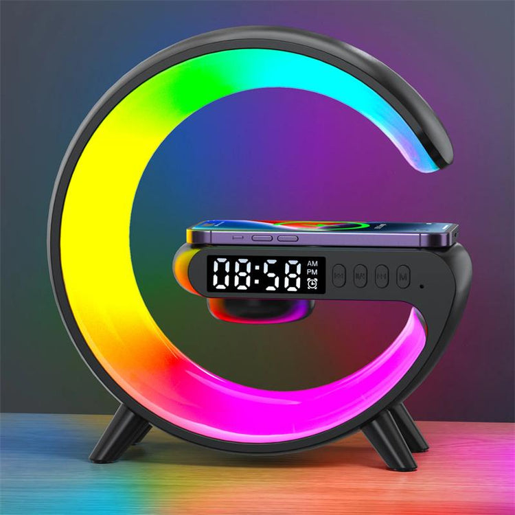 Colorful LED night light with digital clock and wireless charging on a gradient background