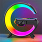 Colorful LED night light with digital clock and wireless charging on a gradient background