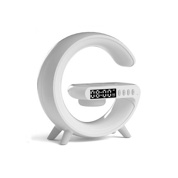Modern white clock with digital display and wireless charging on a white background