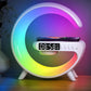 Colorful crescent-shaped night light with digital clock and wireless charging on a wooden surface.